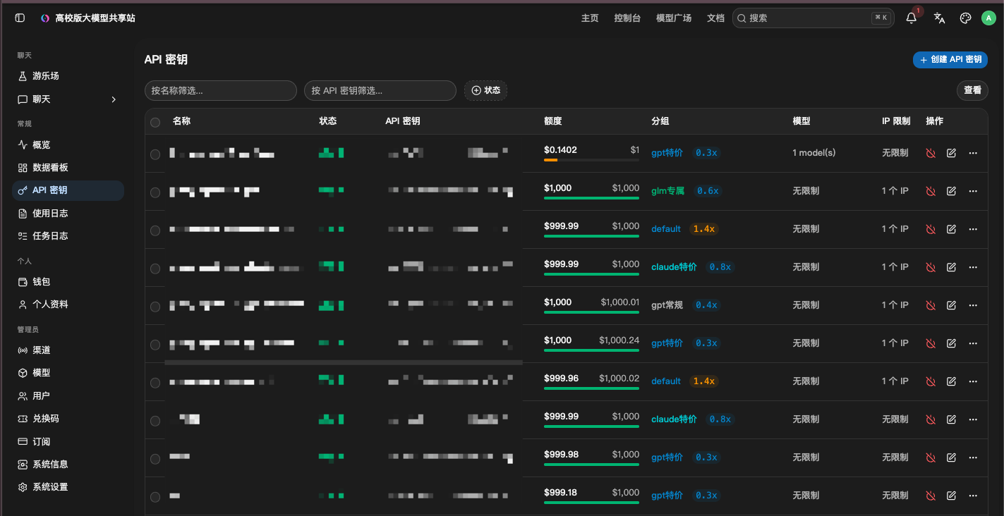 API 中转站 API 密钥页面示例